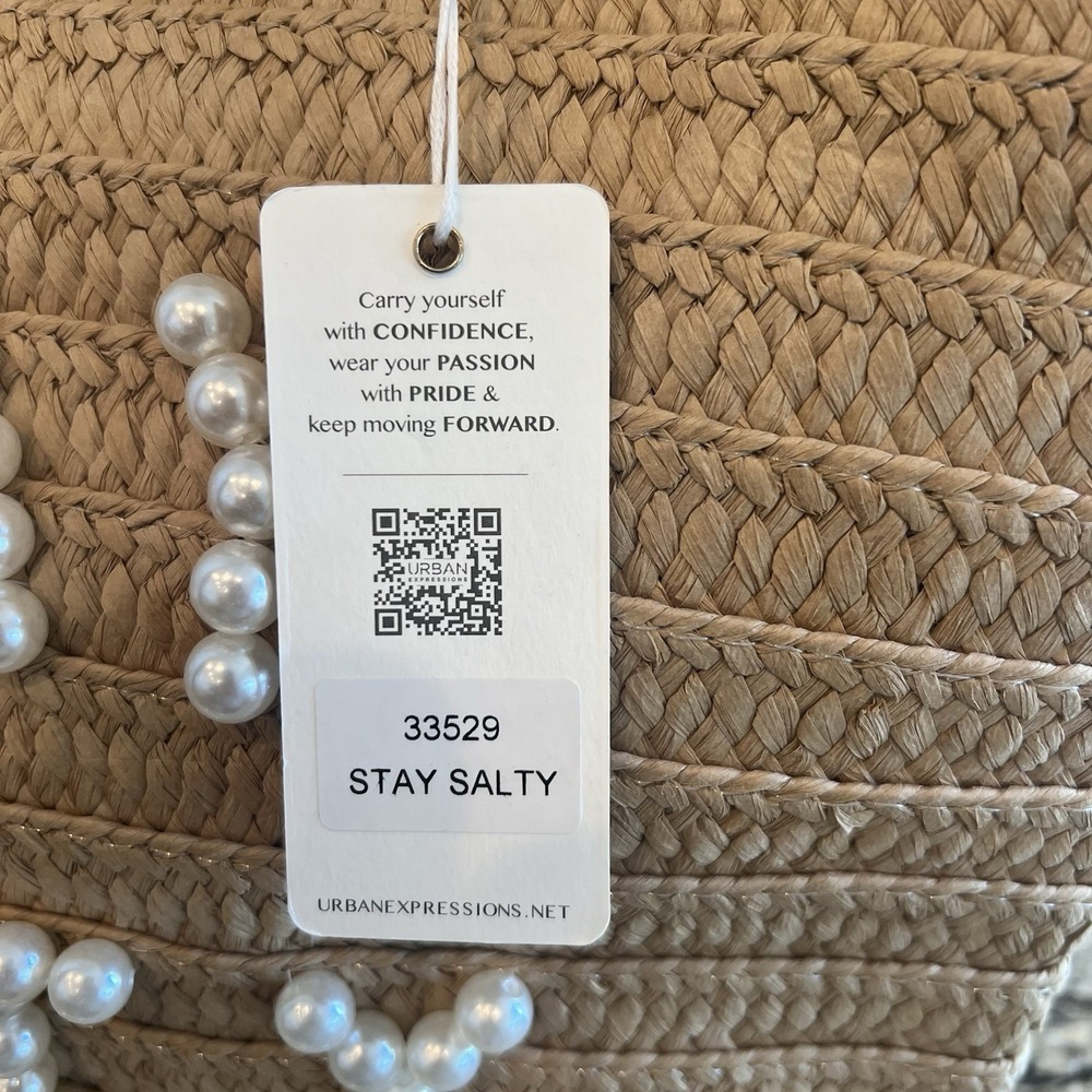 NWT Urban Expressions Tan Woven Bag/Purse With Pearls "Stay Salty" Beach Vacay - Picture 7 of 7
